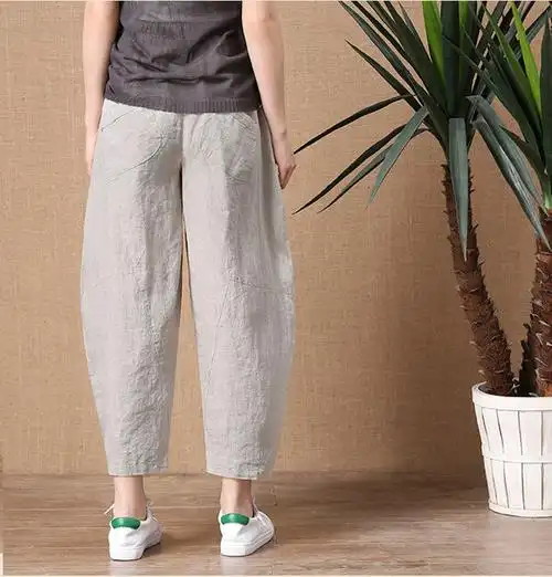 亚麻裤子女夏九分宽松薄款棉麻松紧腰阔腿裤复古文艺百搭休闲裤藏青色