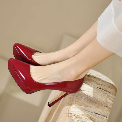 单鞋女高跟真皮防水台尖头性感粗跟春季新款白色婚鞋超高跟11cm