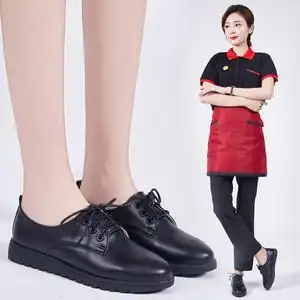 女平底酒店服务员纯黑真皮皮鞋久站不累脚女士单鞋纯黑色鞋子女夏布鞋