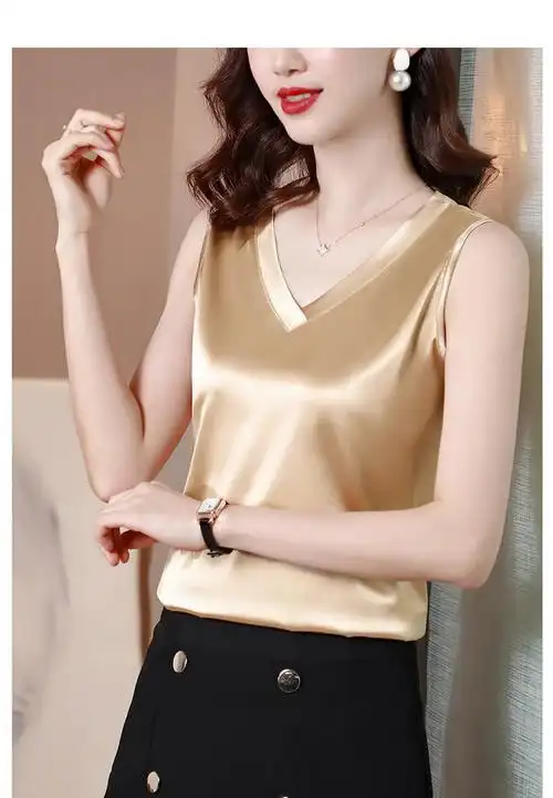 真丝吊带背心上衣v领小衫v领冰丝女内搭无袖夏季打底背心灰色m