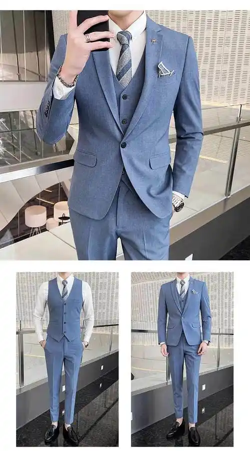 禾佳成 浅蓝色西装男套装结婚礼服休闲正装新郎西服男修身韩版潮夏季