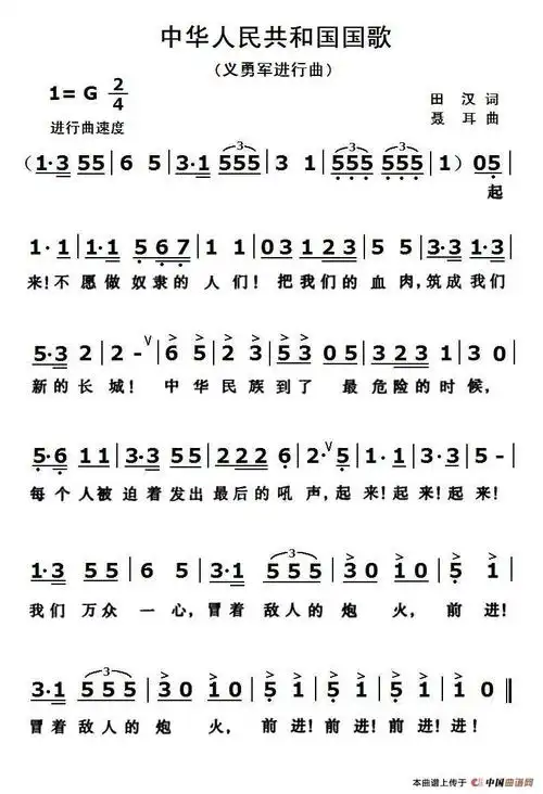 中华人民共和国国歌(义勇军进行曲)_简谱
