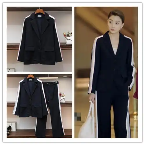 正青春殷桃林睿同款衣服女春新款长袖气质通勤单排扣西装裤子套装
