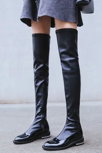 2017秋冬新款真皮过膝女长靴黑色欧美链条长筒靴圆头弹力靴潮