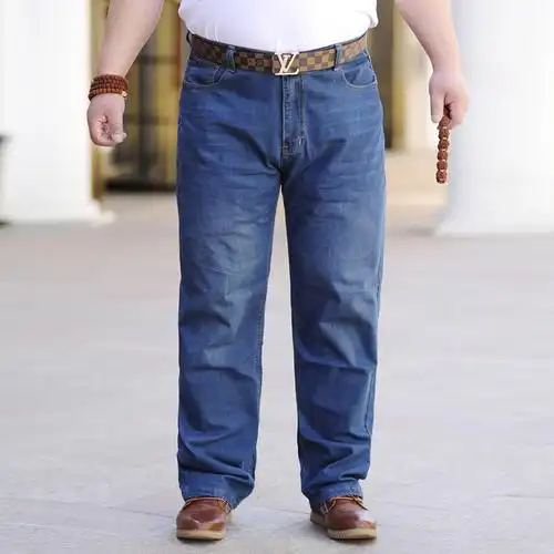 夏季加肥加大码牛仔裤男薄弹力高腰宽松胖人长裤子休闲直筒