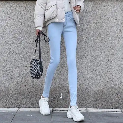 浅蓝加厚小脚九分保暖紧身显瘦弹力高腰浅蓝色牛仔裤