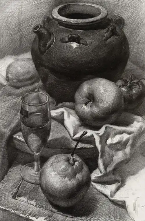 素描 静物 陶瓷类 陶瓷罐 苹果 陶瓷瓶