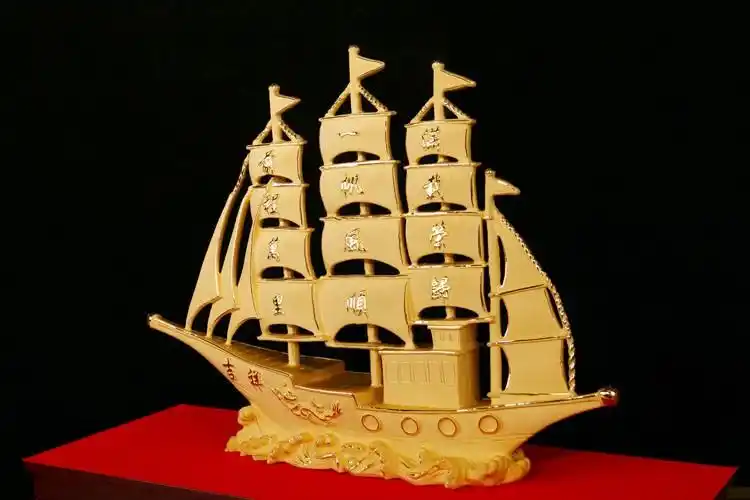 佰爵京客 一帆风顺帆船摆件老板办公室招财礼品绒沙金船客厅家居装饰