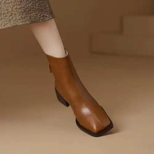 时尚芳手工女鞋真皮中跟复古靴子方头短靴女气质瘦瘦靴粗跟法式元