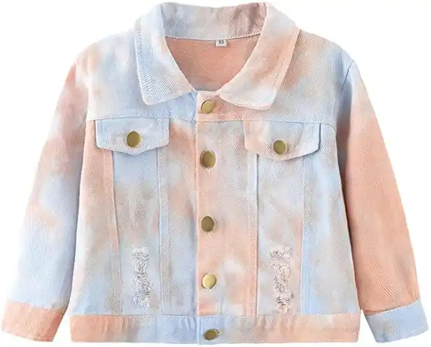 幼童男童女童牛仔夹克儿童扎染破洞牛仔外套纽扣外套