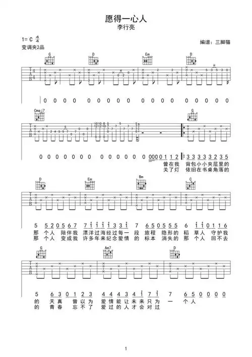 愿得一人心吉他谱李行亮c调