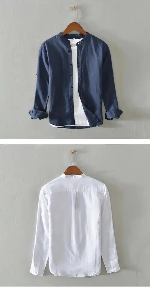 简单清新品牌男装中国风青年男士立领亚麻长袖男衬衫修身休闲棉麻衬衣