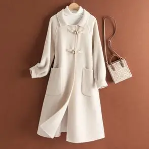 米白色日系牛角扣学院风中长款小个子双面羊绒大衣外套2023新款