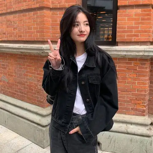 eala早春季新款落肩夹克韩版黑色水洗宽松百搭牛仔服外套上衣女