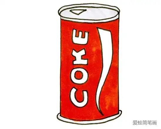 瓶身涂上大红色,顶部和底部涂上浅灰色,简单的可口可乐简笔画就完成啦