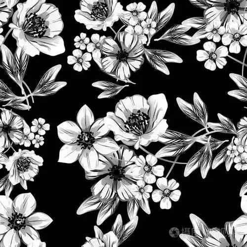 无缝复古风格的花型. 黑白花元素.