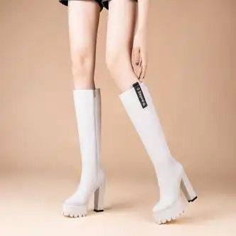 她超高跟过膝长靴女秋季防水台圆头粗跟骑士靴牛皮靴长筒靴12cm白色35