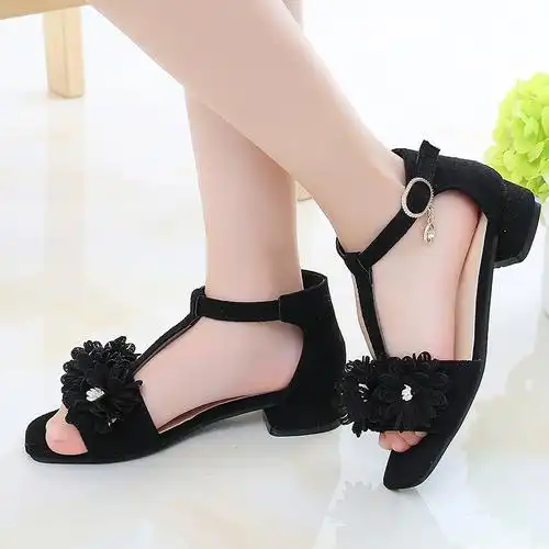 韩版学生鞋中大童沙滩鞋儿童鞋女童公主凉鞋新款绒面高跟2023夏季