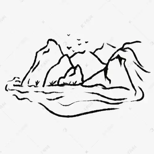 线描山泉山水简笔画