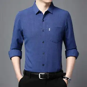 新款长袖男士衬衫商务开衫薄款潮流纯色上衣服秋冬打底衫男深蓝色m