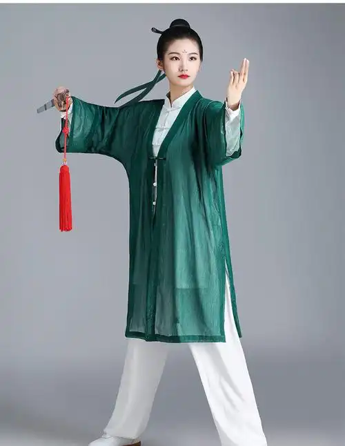 山人运动太极服披纱女春夏外搭武术服练功服垂顺飘逸太极拳服装酒红色