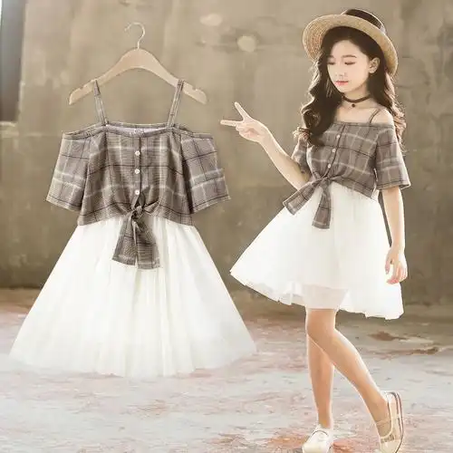 网红女童连衣裙洋气裙子夏装儿童小女孩露肩童装连衣裙