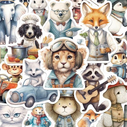 50张童话小动物角色贴纸复古风卡通手机壳笔记本装饰防水贴纸diy