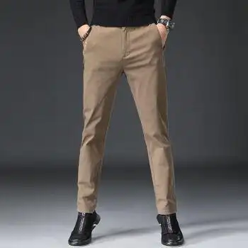 休闲裤男修身直筒潮流百搭秋季新款裤子男装厚款商务上班男裤卡其色34