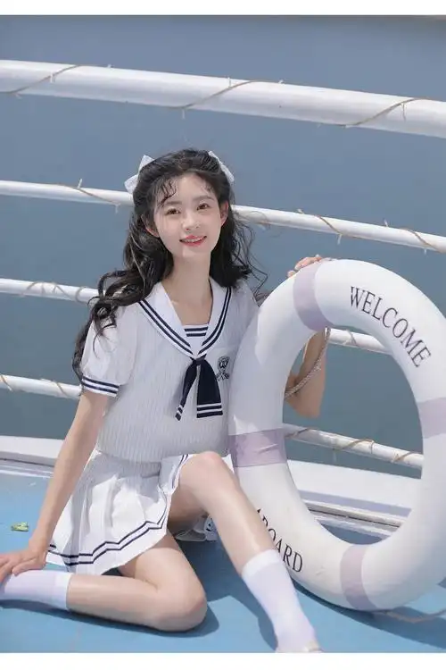 少女水手服海军风甜美套装裙日系条纹jk学院风两件白色连衣裙领带l