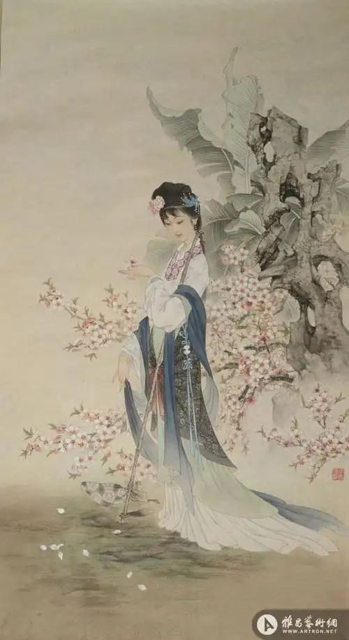 黛玉葬花_工笔绘画系列_李青海作品展_李青海在线作品_李青海官方网站