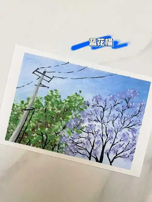 油画棒画一个夏天蓝花楹附过程步骤