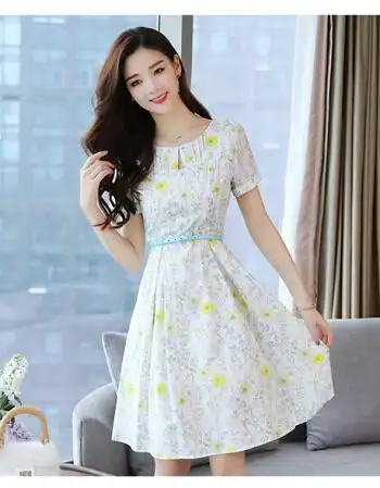 梵藜2018新款夏装时尚气质碎花短袖中长款连衣裙淑女装夏季显瘦裙子女