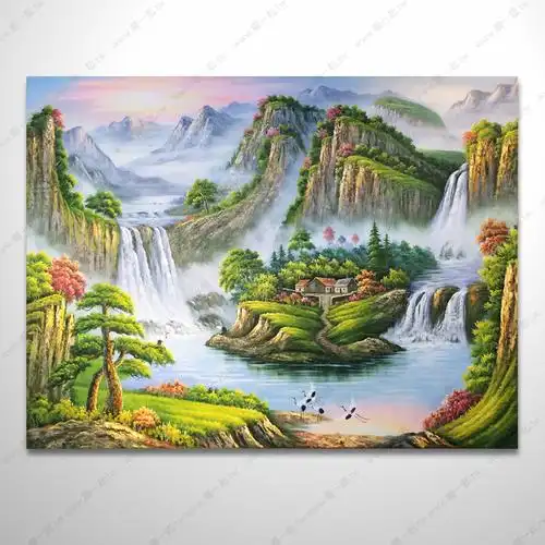 招财壁画山水画聚宝盆客厅办公室风水画 sale_名利大旺-八方聚财油画