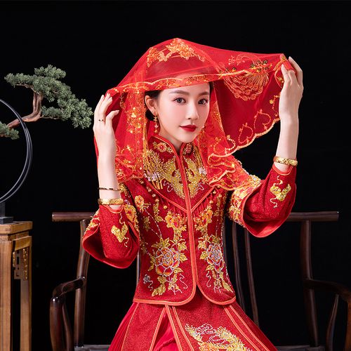 红盖头结婚新娘主婚婚纱中式婚礼秀禾蒙头红色头纱