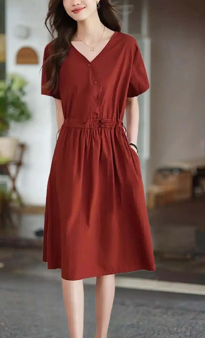 连衣裙女夏季2024新款宽松遮肚 红色a字裙高级感短袖裙子