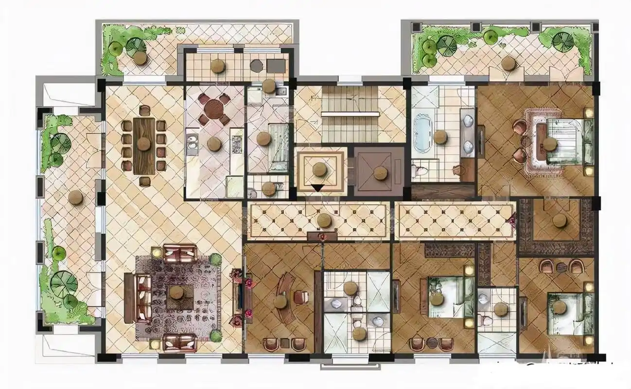 这个户型也太梦幻了吧,拥有三个超级大的阳台,客厅也采用了无障碍的