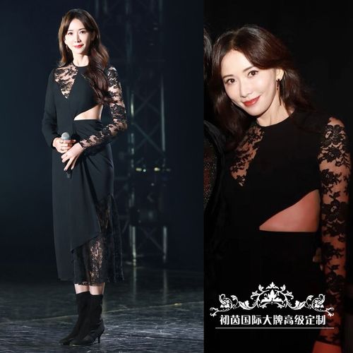 高端私人订制明星林志玲同款黑色拼接蕾丝连衣裙女中长款不对称夏