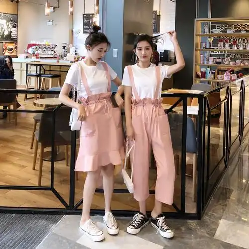 闺蜜套装牛仔姐妹装一对背带短裙裤两件套连衣裙子夏学生一短一长