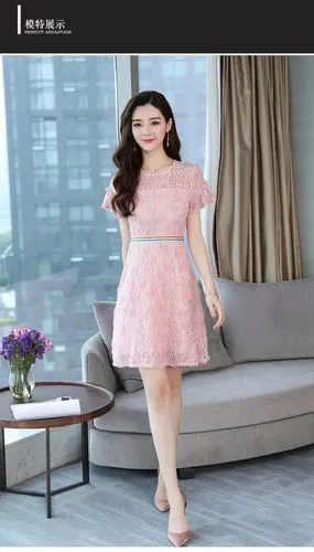 2018新款女装蕾丝连衣裙复古修身短袖夏季裙子时尚圆领a字裙