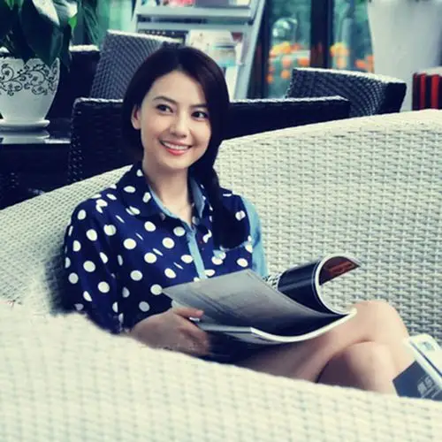 批发 咱们结婚吧杨桃高圆圆同款撞色拼接袖牛仔波点大圆点衬衫