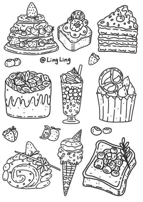手绘甜品食物线稿解压时刻