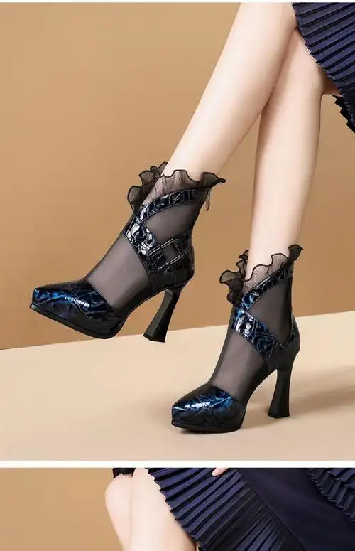 新款宴会高跟鞋女宴会罗马高跟靴防水台粗跟镂空网靴女蕾丝鞋艾玲