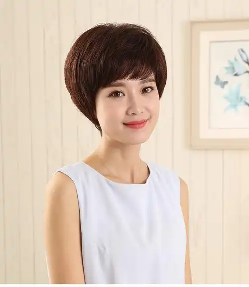 【线上爆款】假发女短发中老年妈妈真发斜刘海发型真人发丝全头套
