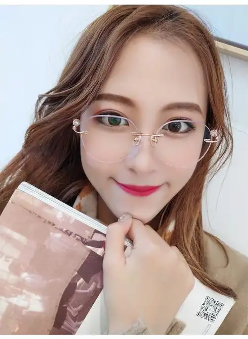 无框近视眼镜女钻石切边素颜镜防蓝光辐射抗疲劳平光镜韩版潮网红同款