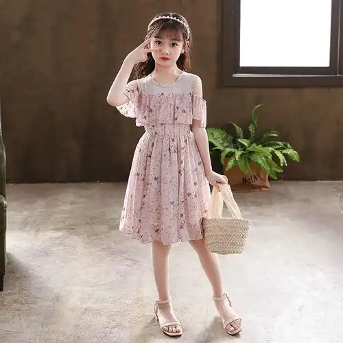 女童连衣裙夏季雪纺新款儿童超洋气公主裙小女孩夏装露肩儿童裙子