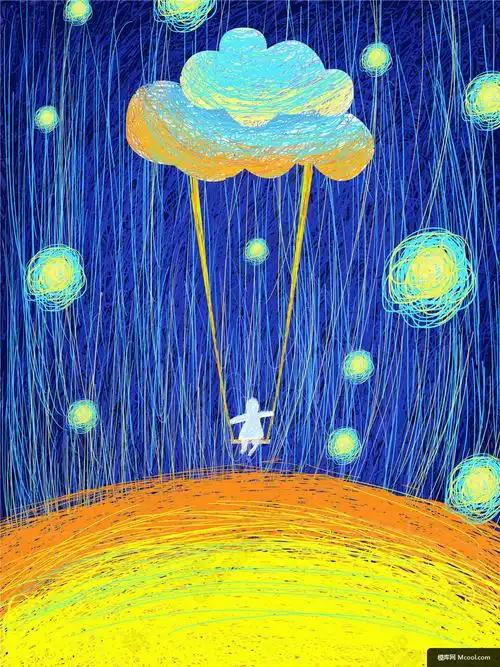 太阳云朵秋千小朋友蓝色天空线条世界童话梦境插画模板