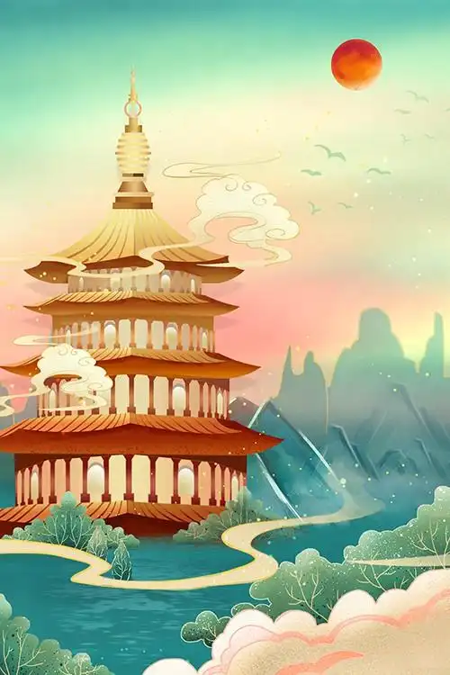 绿色国潮落日下的古风建筑插画