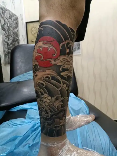 浪花小腿_纹身图案手稿图片_老建的纹身作品集