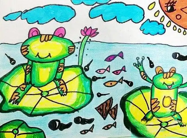 夏天池塘荷叶青蛙小蝌蚪儿童画