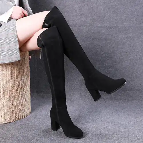 长筒靴女过膝长靴子2019秋冬新款瘦腿弹力靴真皮加厚粗跟磨砂女靴